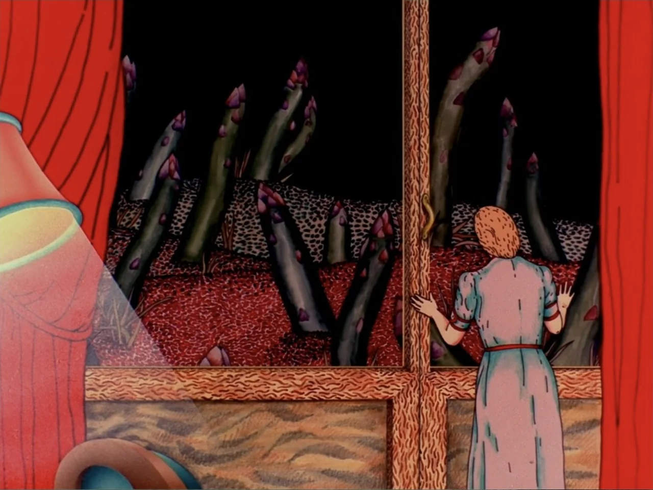 Asparagus (2007) movie still: medium — A woman in a blue dress peers through a wooden window frame at night. Giant dark green stalks with purple…