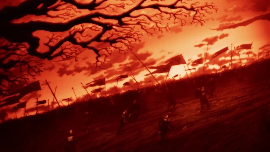 Hellsing Ultimate (2006) movie still: wide — A dark, silhouetted battlefield sits under a bright red sunset sky with many flags. Armored figures…
