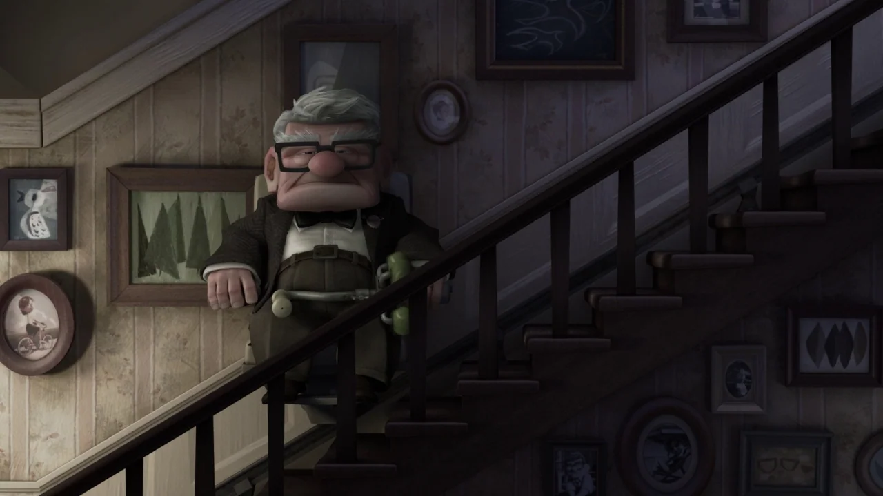 Up (2009) movie still: medium — A residential staircase features striped wallpaper adorned with numerous framed photographs and sketches. An elderly…