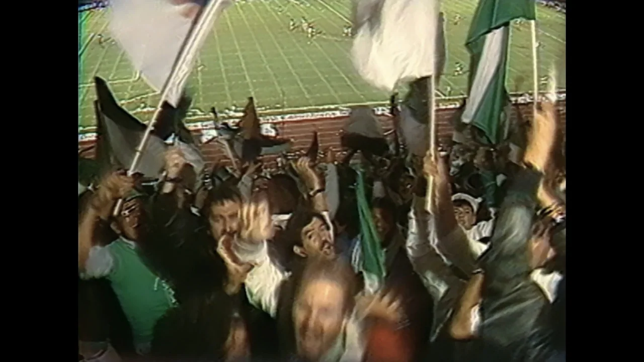 An Affair: A Dangerous Sexual Play (2014) movie still: medium — A crowded section of stadium bleachers is filled with cheering spectators waving…