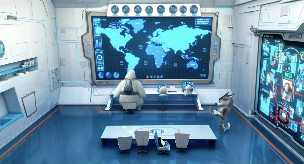 Penguins of Madagascar (2014) movie still: wide — A high-tech command center with white modular walls and large digital floor-to-ceiling monitors.…