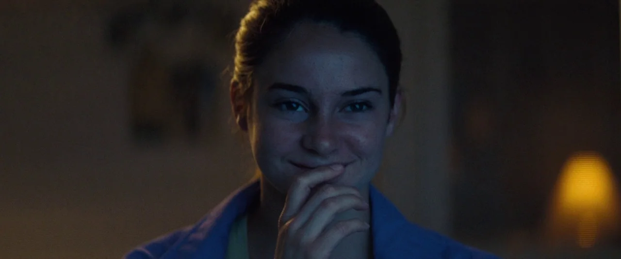 The Spectacular Now (2013) movie still: closeup — A dark indoor space is dimly lit by a singular light source. A young woman looks toward the camera…