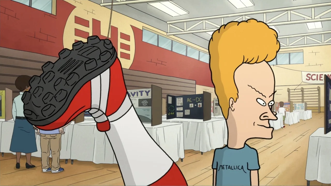 Beavis and Butt-Head Do the Universe (2022) movie still: medium — A school gymnasium displays science fair projects on white-clothed tables under…