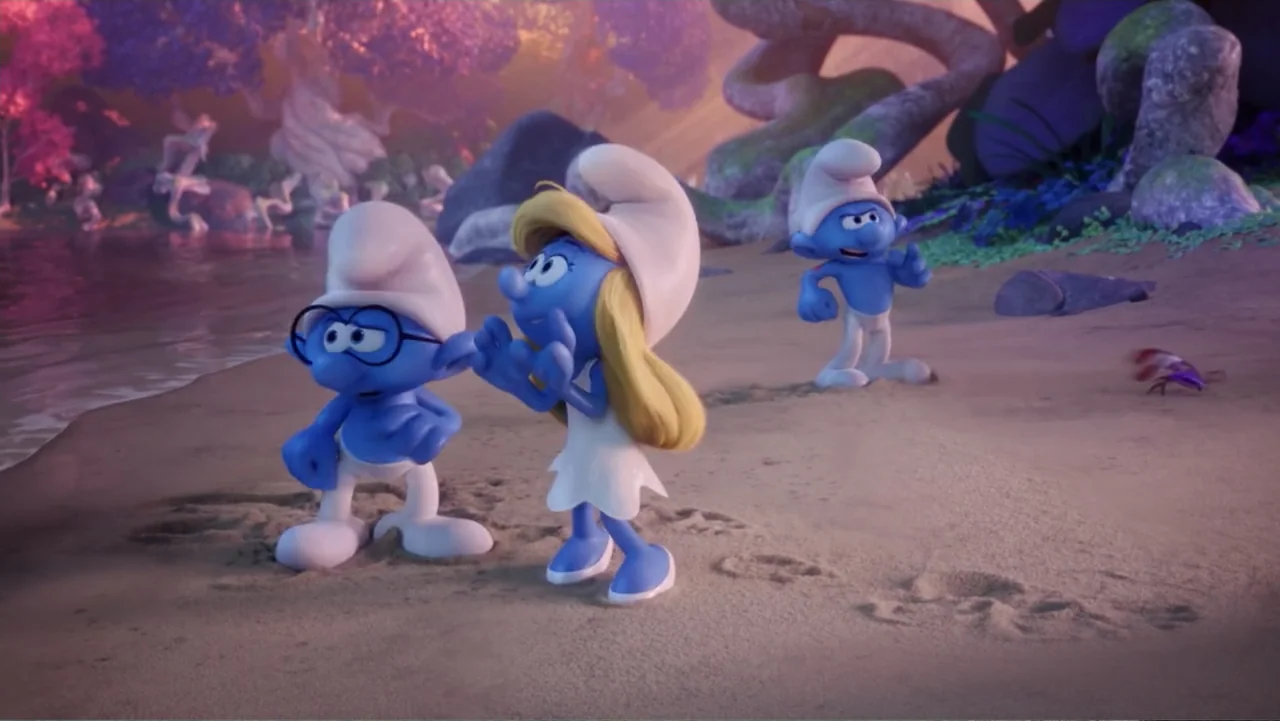 Smurfs: The Lost Village (2017) movie still: medium — A sandy shore with glowing purple trees and rocks in the background. Three blue humanoid…
