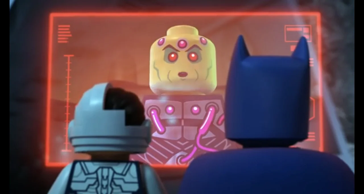 LEGO DC Comics Super Heroes: Justice League - Cosmic Clash (2016) movie still: medium — Two Lego figures stand in a dark room facing a large glowing…