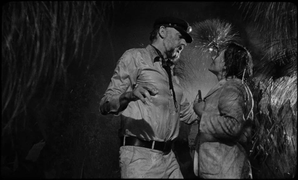 The Wild Boys (2017) movie still: medium — A man and woman stand in dense vegetation during a heavy rainstorm at night. The man wearing a peaked cap…