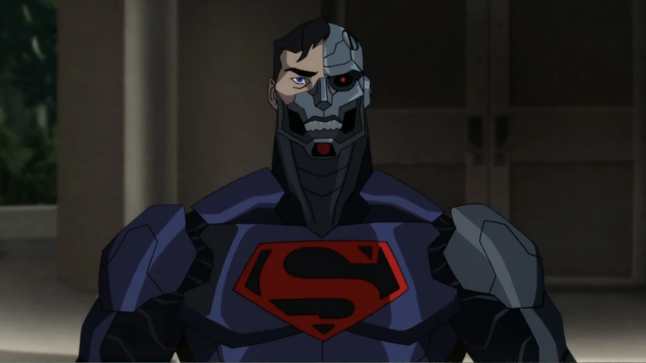 Reign of the Supermen (2019) movie still: medium — An outdoor paved area features stone walls and large closed wooden double doors. A cyborg man in…