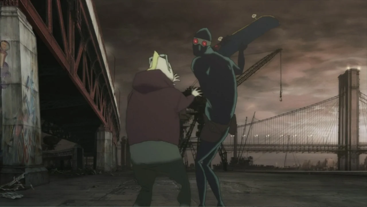 Batman: Gotham Knight (2008) movie still: fullbody — An urban industrial area sits beneath a massive steel bridge near the waterfront. One masked…