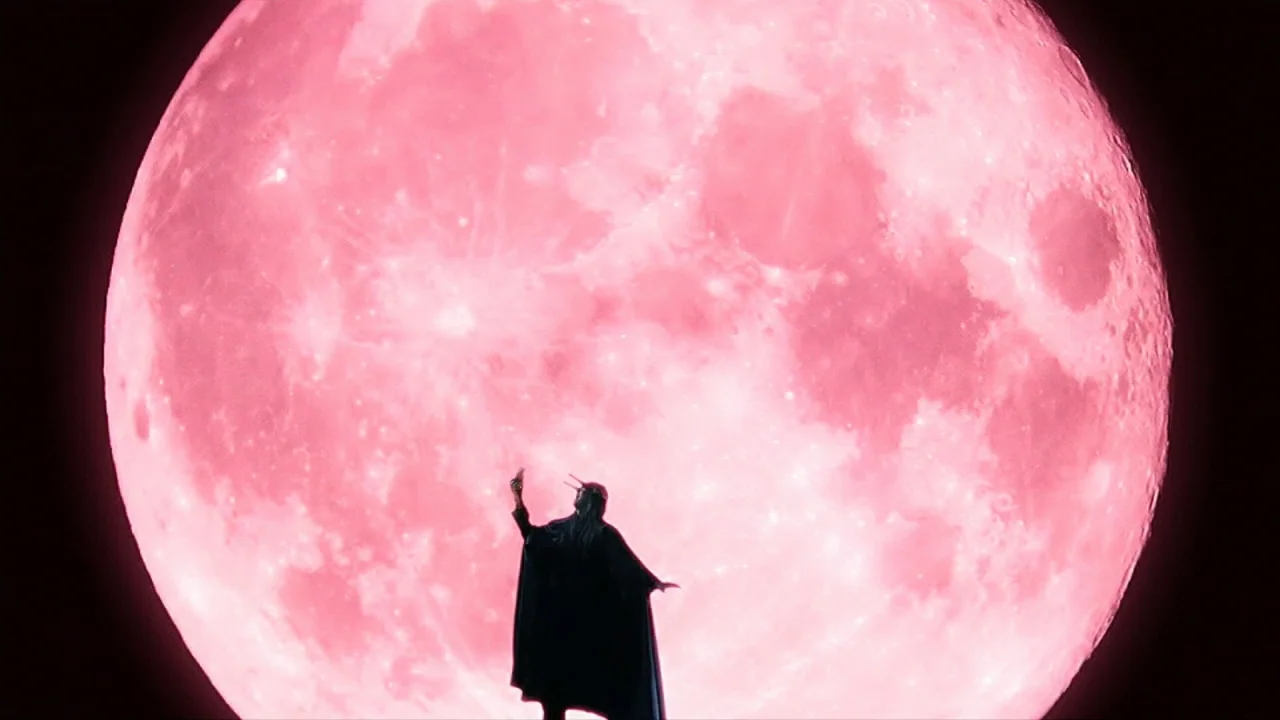 Tokyo Gore Police (2008) movie still: wide — A giant, bright pink moon fills almost the entire background of the frame. A dark, silhouetted figure…