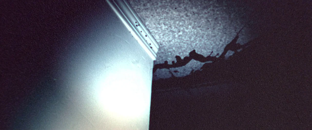 Skinamarink (2022) movie still: closeup — A dark corner of a room features textured walls with a patch of peeling paint. A concentrated beam of…