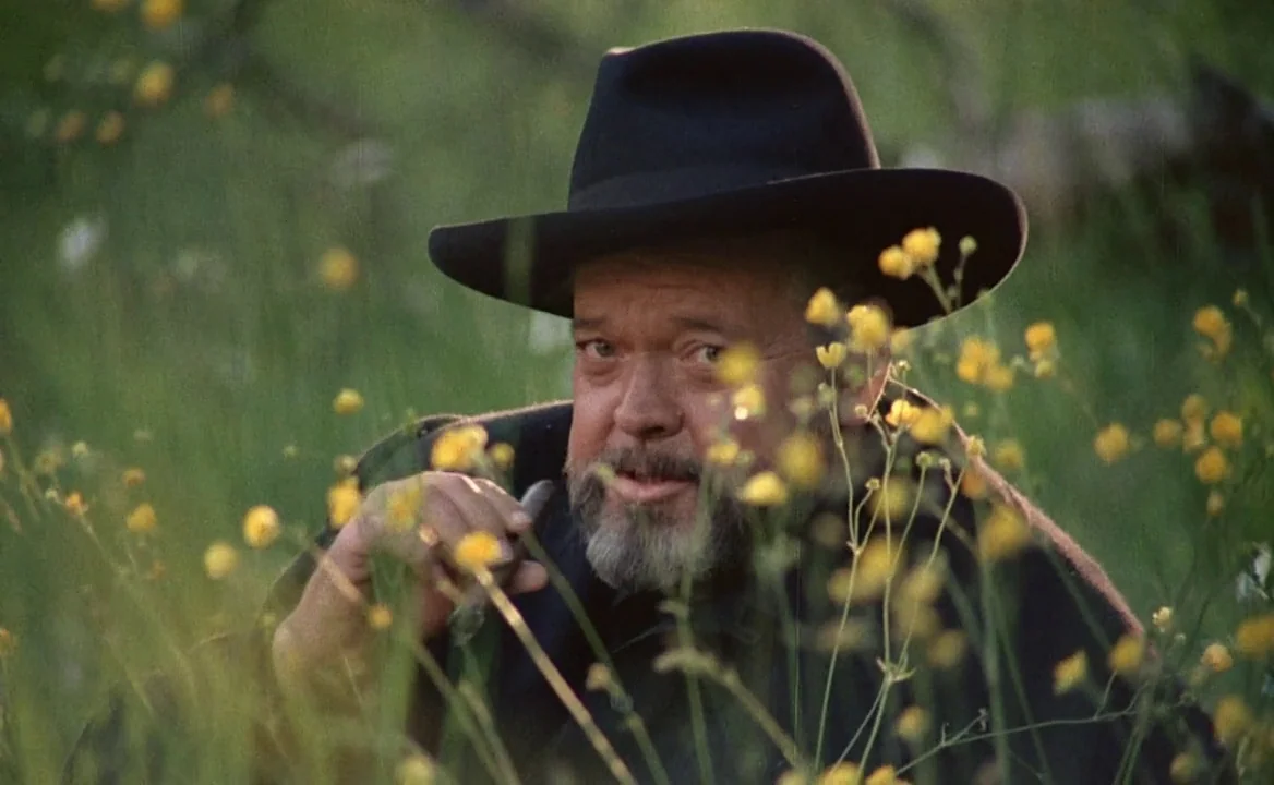 F for Fake (1973) movie still: medium — A man stands in a meadow filled with tall green grass and yellow wildflowers. He wears a dark fedora and…