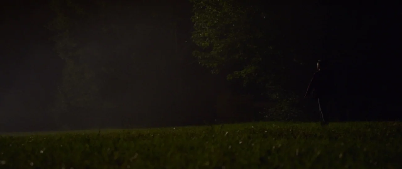 The Strangers: Prey at Night (2018) movie still: wide — A dark, grassy field stretches out at night under minimal illumination. A lone figure stands…