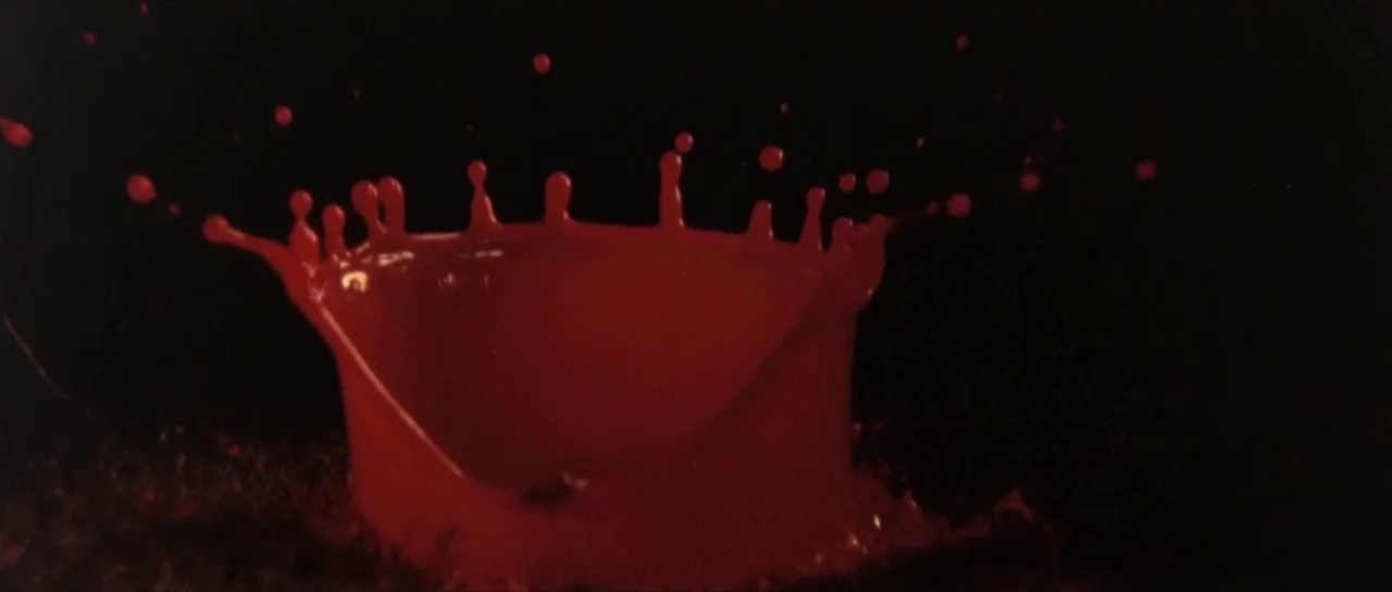 Pink Floyd The Wall (1982) movie still: closeup — A deep red liquid forms a symmetrical splash pattern resembling a crown. The liquid is isolated…