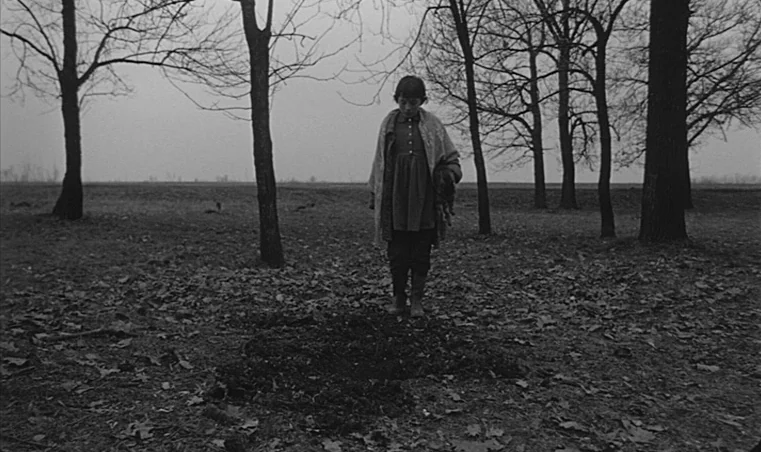 Sátántangó (1994) movie still: fullbody — A desolate field under a grey, overcast sky contains many bare, thin trees. A lone girl stands motionless…