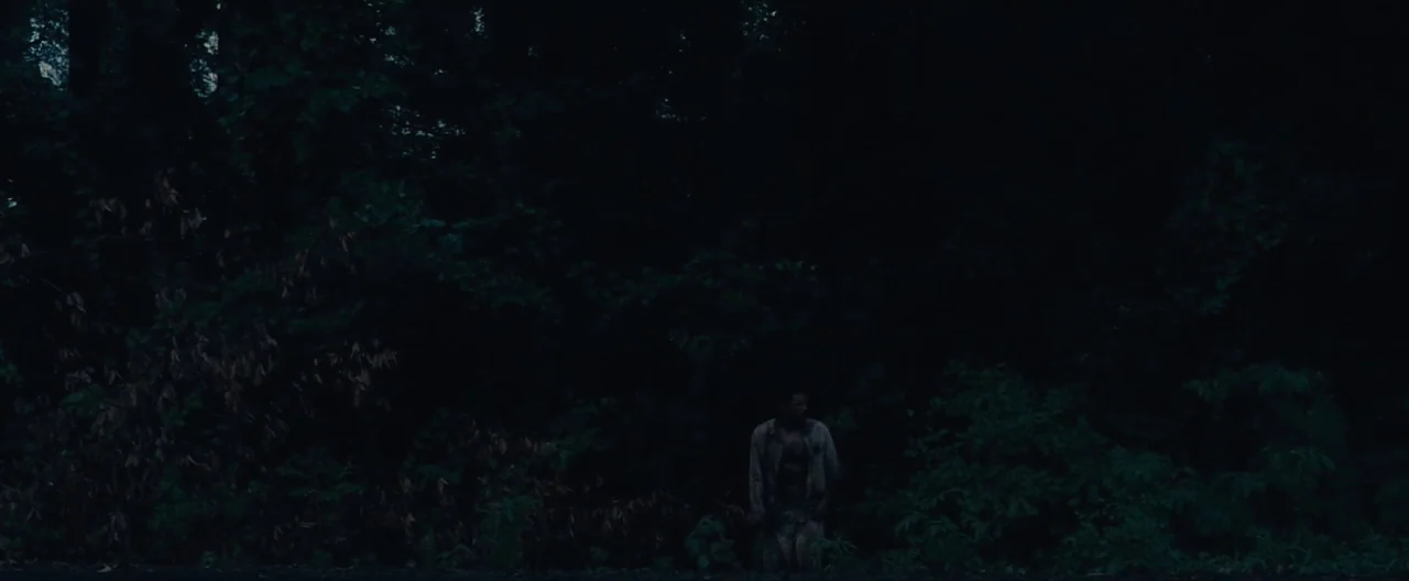 Ain’t Them Bodies Saints (2013) movie still: wide — A dark, dense thicket of trees and shrubs obscures most of the frame. A man kneels on the ground…