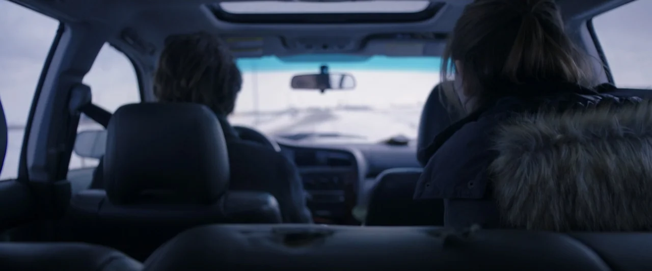 The Lie (2018) movie still: medium — The interior of a moving vehicle is viewed from the backseat looking forward. A man drives while a woman sits…