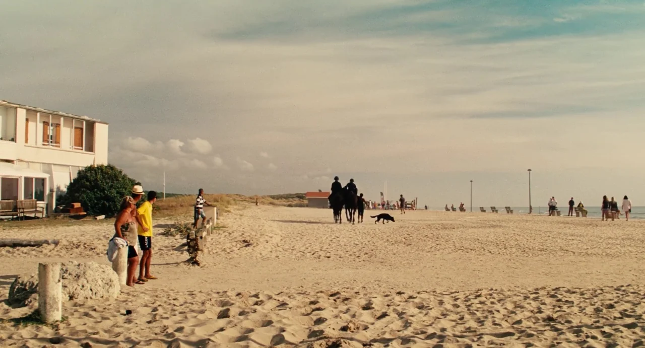 Ava (2017) movie still: wide — A wide sandy beach stretches out toward the horizon under a cloudy sky. People are scattered along the shore…