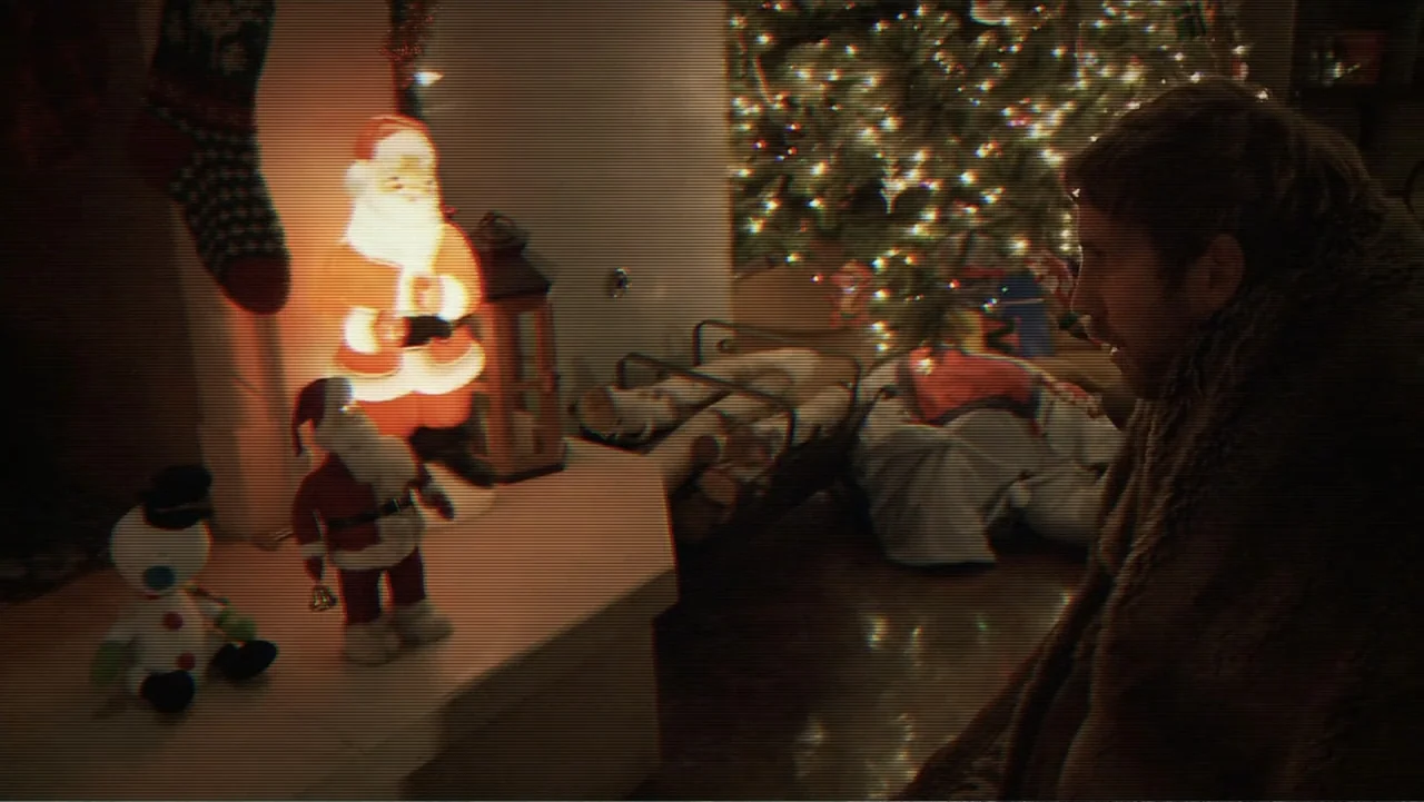 Paranormal Activity: The Ghost Dimension (2015) movie still: medium — A dimly lit room contains a Christmas tree and several festive plastic…