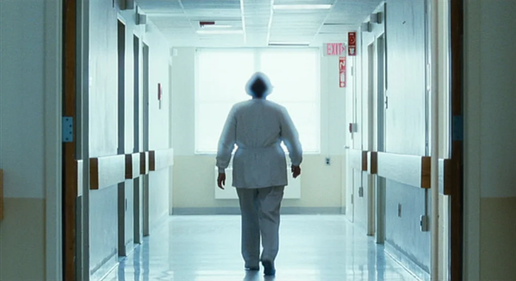 The Savages (2007) movie still: fullbody — A long, sterile hospital corridor features pale walls and a bright window ahead. A person in clinical…