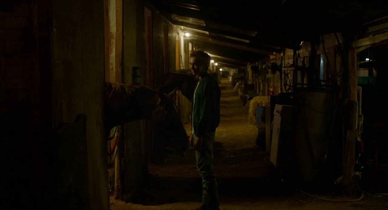 Lean on Pete (2017) movie still: fullbody — A dimly lit narrow corridor stretches through a wooden barn structure at night. A young man stands…