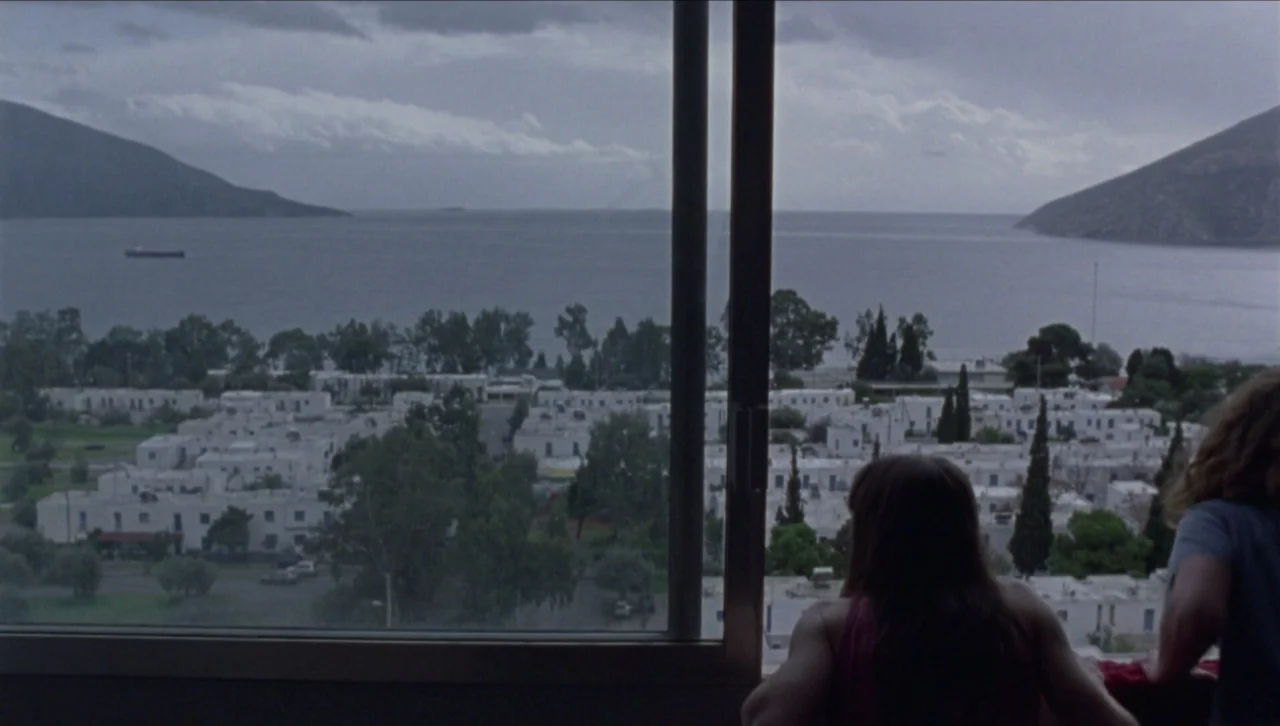 Attenberg (2010) movie still: medium — A high-angle view looks out from a glass-paneled room toward a coastal town below. Two people stand in the…