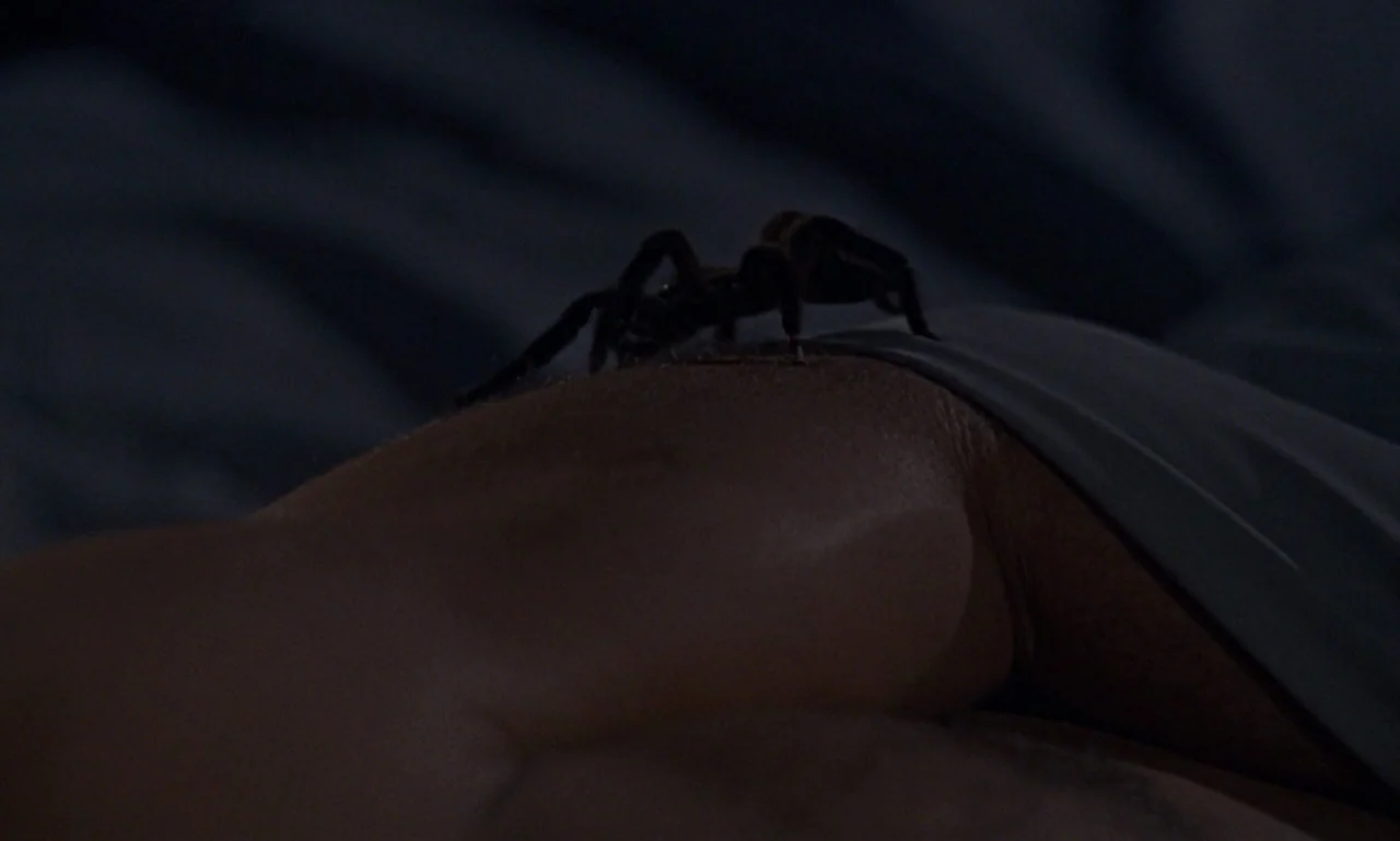 Dr. No (1962) movie still: closeup — A close view of a dark textured spider walking on a patch of human skin. The background is composed of dark…
