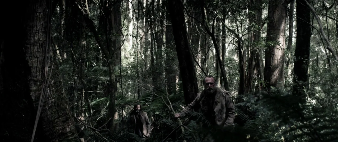Van Diemens Land (2009) movie still: wide — A dense forest filled with tall tree trunks, ferns, and thick undergrowth. Two men walk through the…