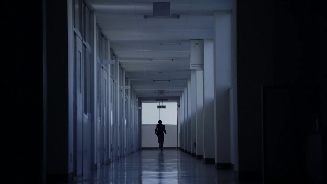 Confessions (2010) movie still: wide — A long school corridor with rows of doors and light reflecting on tiled floors. A single person runs away…