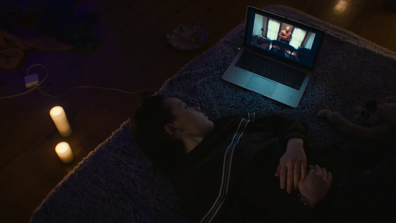 We’re All Going to the World’s Fair (2021) movie still: medium — A person lies on a soft rug in a dark room during the night. A laptop computer…