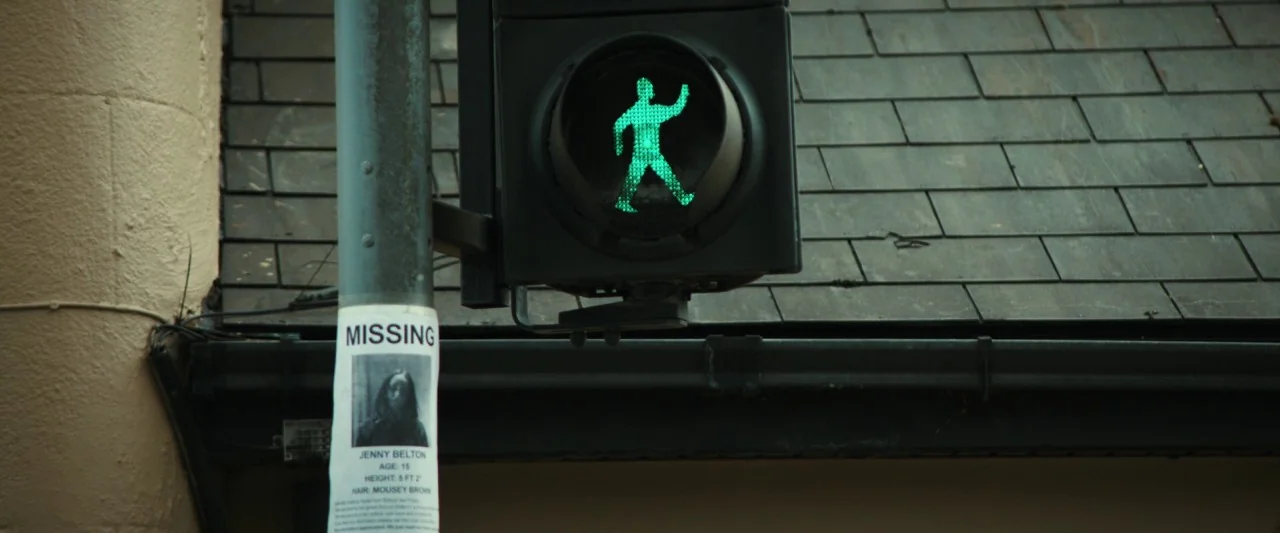Extra Ordinary (2019) movie still: closeup — A green pedestrian crossing signal is mounted on a gray pole against a building. A paper missing person…