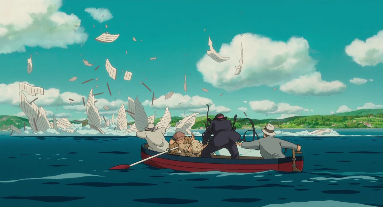 The Wind Rises (2013) movie still: wide — A small red rowboat sits on calm blue water under a bright summer sky. Four men in suits react as white…