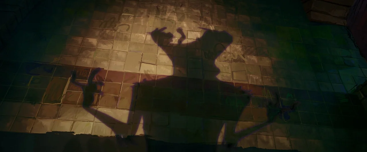 Teenage Mutant Ninja Turtles: Mutant Mayhem (2023) movie still: closeup — A dark tiled wall covered in faint graffiti serves as a canvas for…