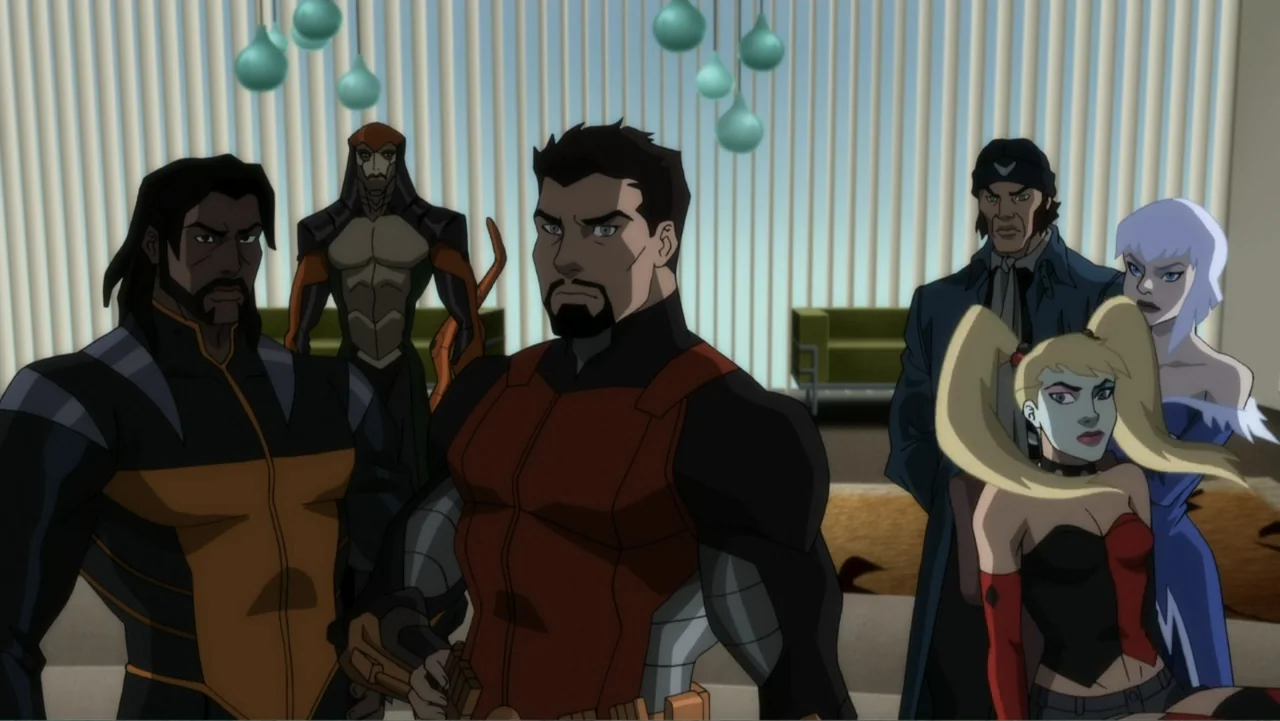 Suicide Squad: Hell to Pay (2018) movie still: medium — A modern room features vertical blinds and hanging globe lights against the wall. A diverse…
