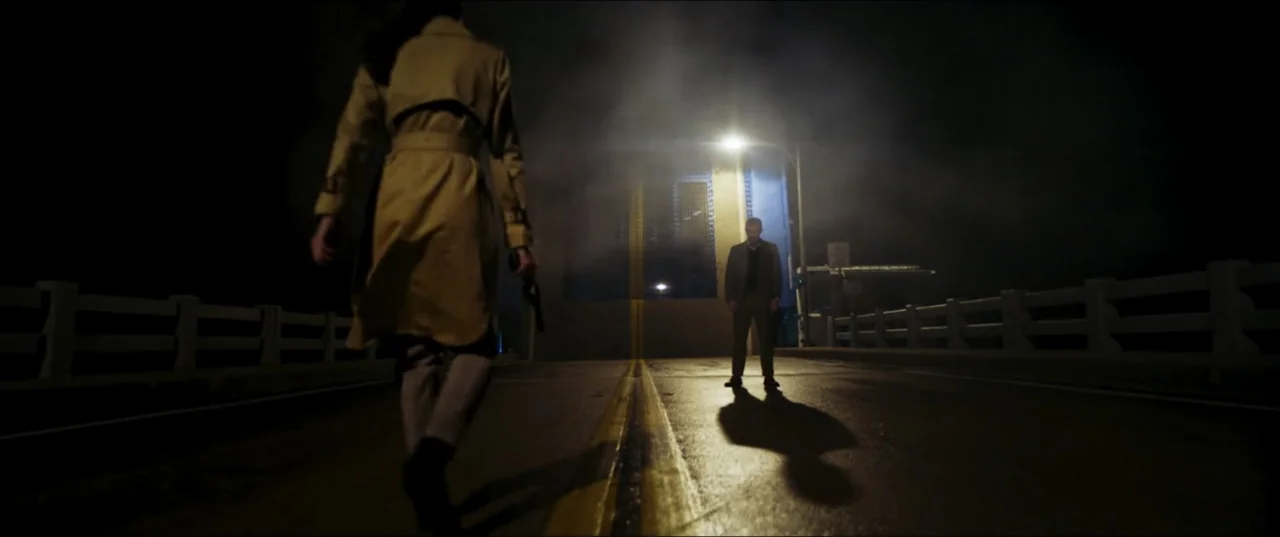 Offseason (2022) movie still: fullbody — An asphalt road on a bridge at night illuminated by a single overhead streetlamp. A woman in a trench coat…