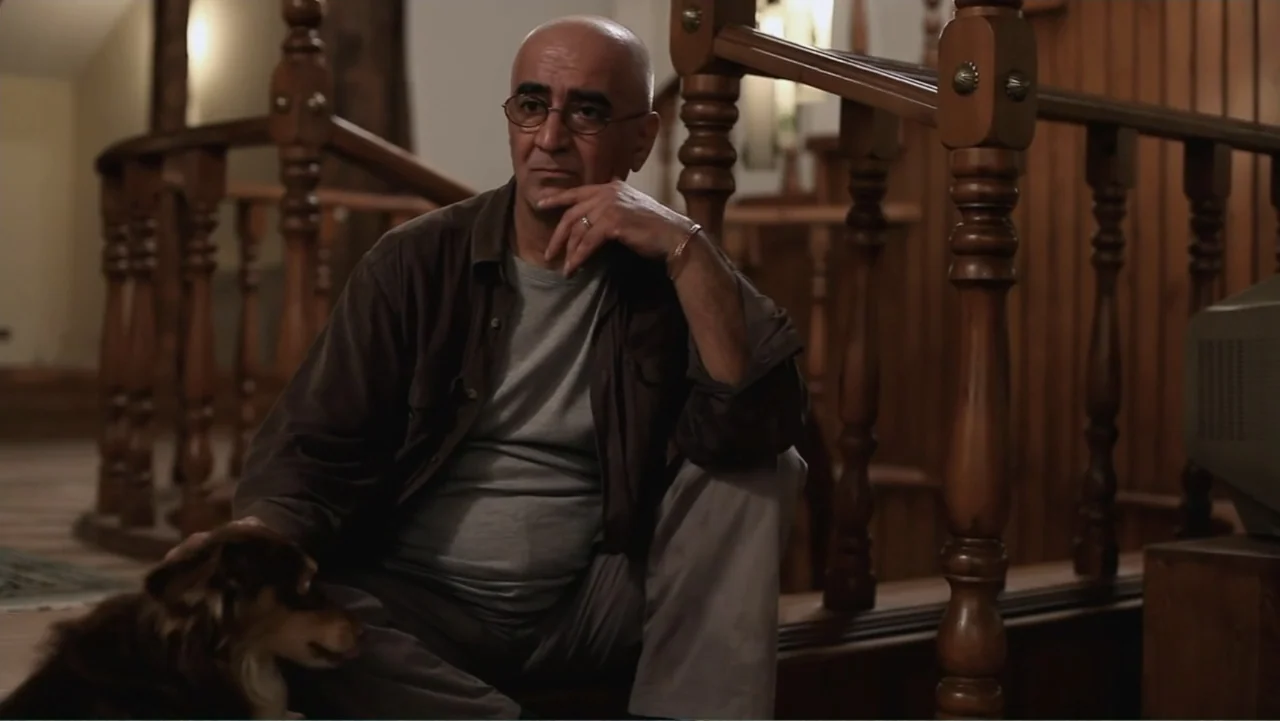Closed Curtain (2013) movie still: medium — A wooden staircase features prominently in a dimly lit domestic interior space. An older man sits on the…