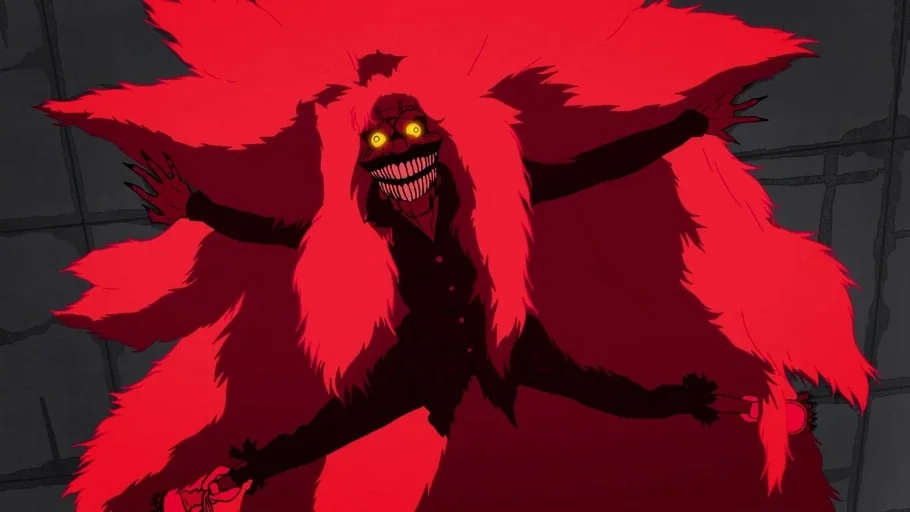 Dan Da Dan: First Encounter (2024) movie still: medium — A dark stone room serves as the backdrop for a monstrous, red-furred figure. The character…