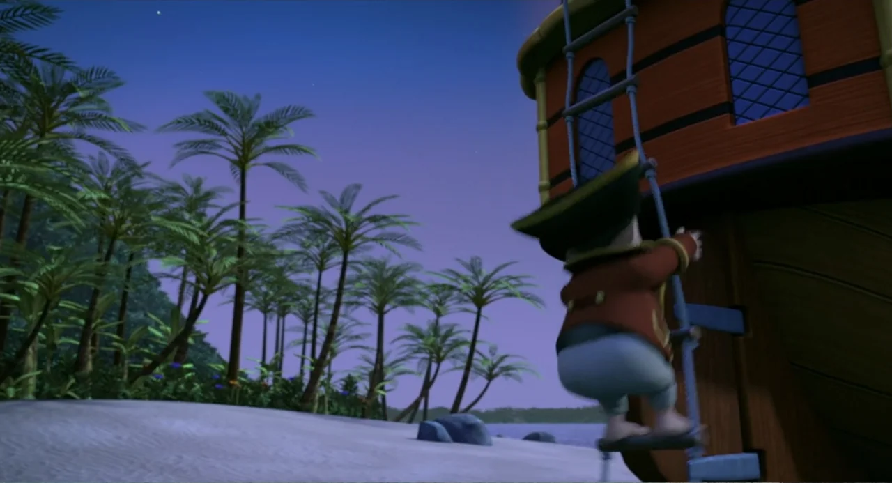 Capt'n Sharky (2018) movie still: medium — A sandy beach at twilight is lined with palm trees under a dark sky. A small cartoon pirate climbs a rope…