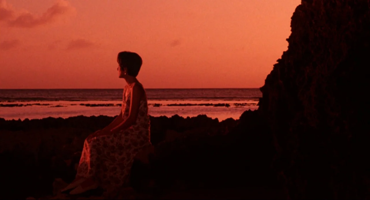 Godzilla vs. SpaceGodzilla (1994) movie still: medium — A rocky beach at sunset with deep red light covering the horizon and clouds. A woman with…
