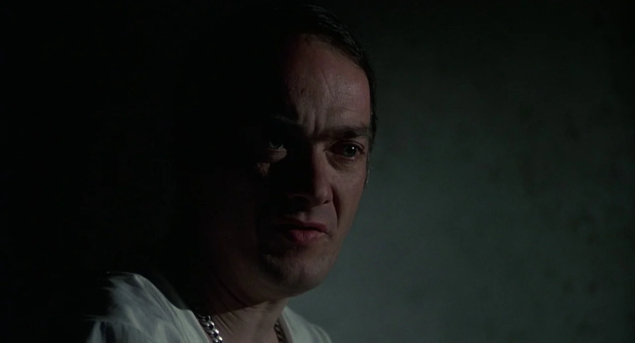 Salò, or the 120 Days of Sodom (1975) movie still: closeup — A man stands in a dark room with minimal light on his face. He looks toward the side…