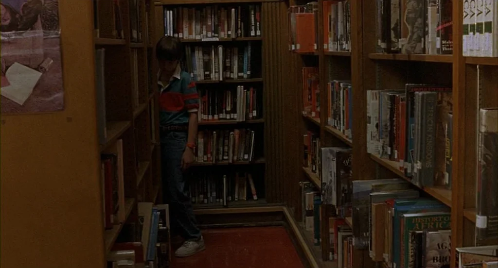 The Squid and the Whale (2005) movie still: medium — Narrow rows of wooden shelves are packed with numerous books inside a dimly lit area. A young…