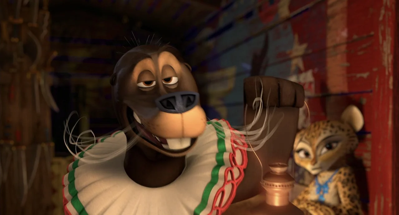 Madagascar 3: Europe's Most Wanted (2012) movie still: medium — A dimly lit train carriage features wooden walls decorated with painted circus…