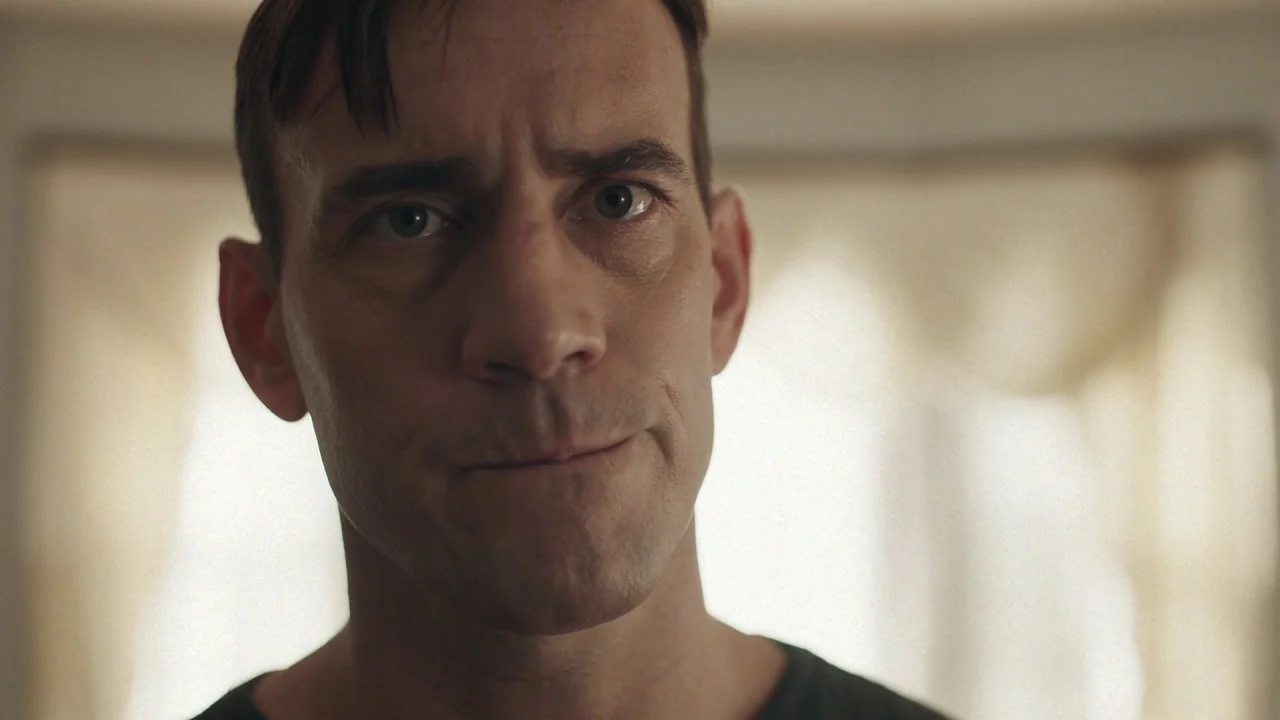 Girl on the Third Floor (2019) movie still: closeup — An indoor space features soft light filtered through a sheer window curtain. A man with short…