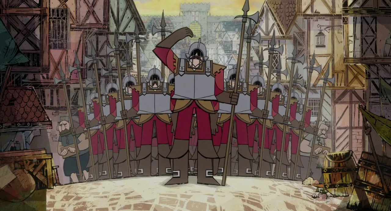 Wolfwalkers (2020) movie still: fullbody — A medieval village street lined with timber-framed buildings and a distant stone gatehouse. A squad of…