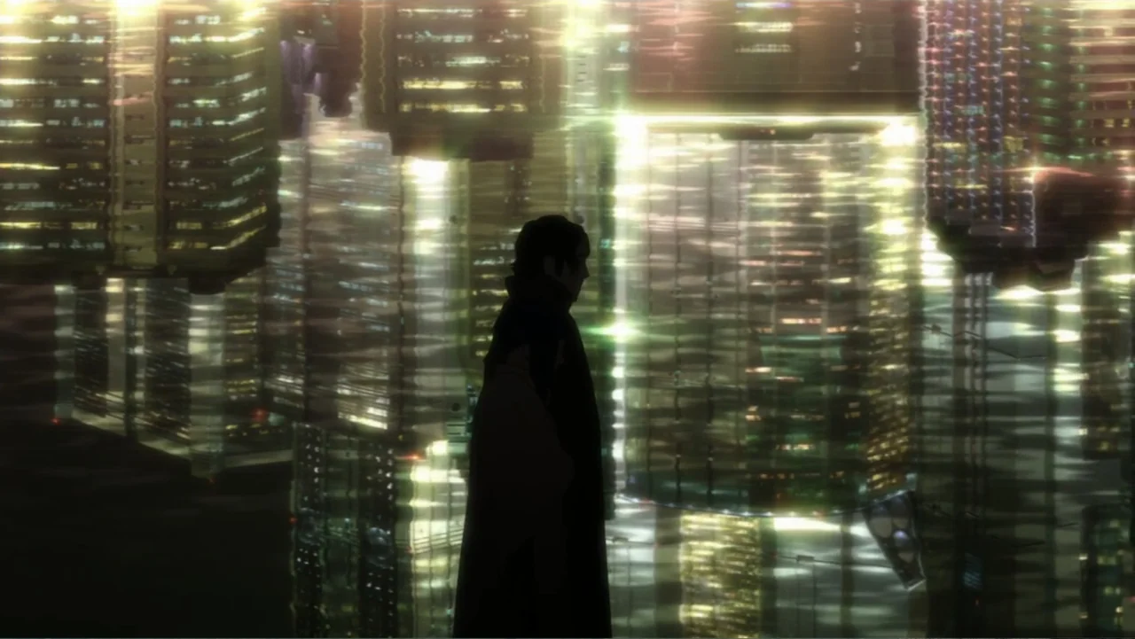 Ghost in the Shell: Arise - Border 3: Ghost Tears (2014) movie still: medium — A silhouette of a man stands before a dense grid of glowing,…