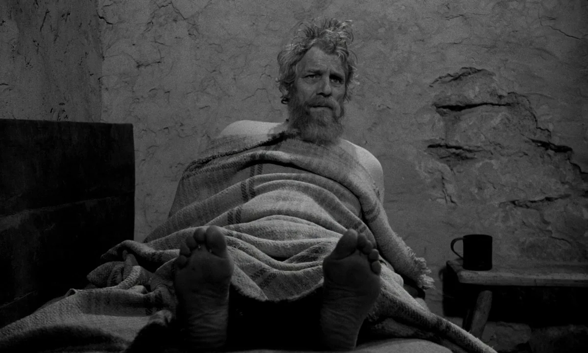 The Turin Horse (2011) movie still: medium — A stark room with rough-hewn stone walls and a small wooden stool. A bearded man lies on a cot covered…