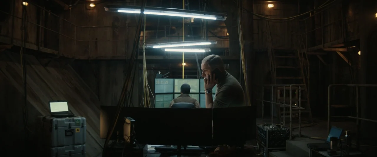 Canary Black (2024) movie still: wide — A dark, industrial bunker-like room contains multiple computer monitors, exposed wiring, and utilitarian…