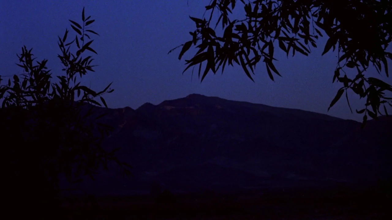 Bride of Reanimator (1989) movie still: establishing — A dark mountain ridge sits beneath a deep blue twilight sky. Foreground tree branches frame…
