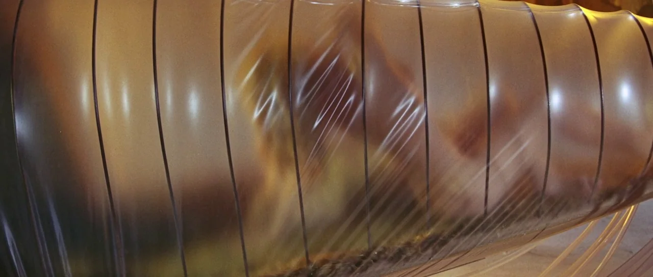 Barbarella (1968) movie still: closeup — A semi-translucent, ribbed plastic membrane stretches across the frame obscuring internal contents. Subtle…