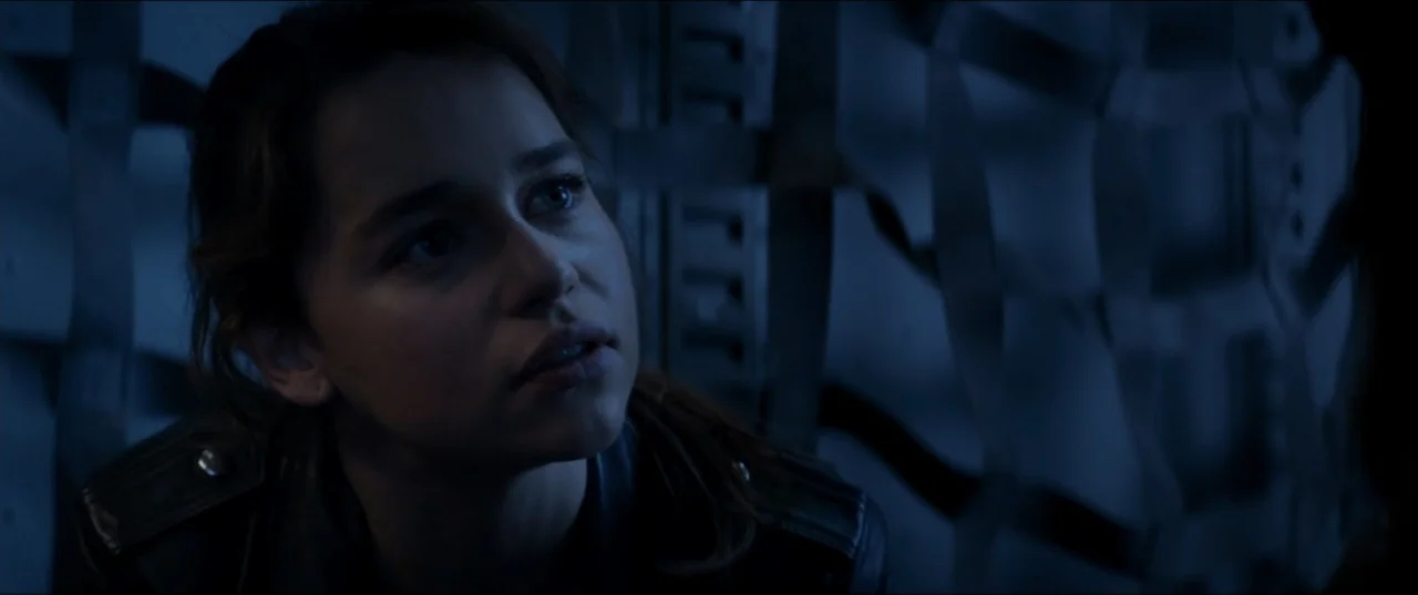 Terminator Genisys (2015) movie still: closeup — The interior of an aircraft features dark walls lined with nylon cargo netting. A woman with dark…