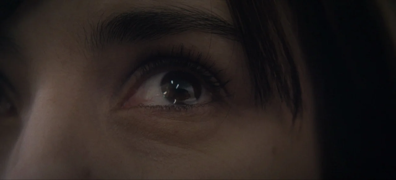 Housewife (2017) movie still: closeup — An extreme close-up focuses on a single human eye against a dark background. The eye is alert and directed…